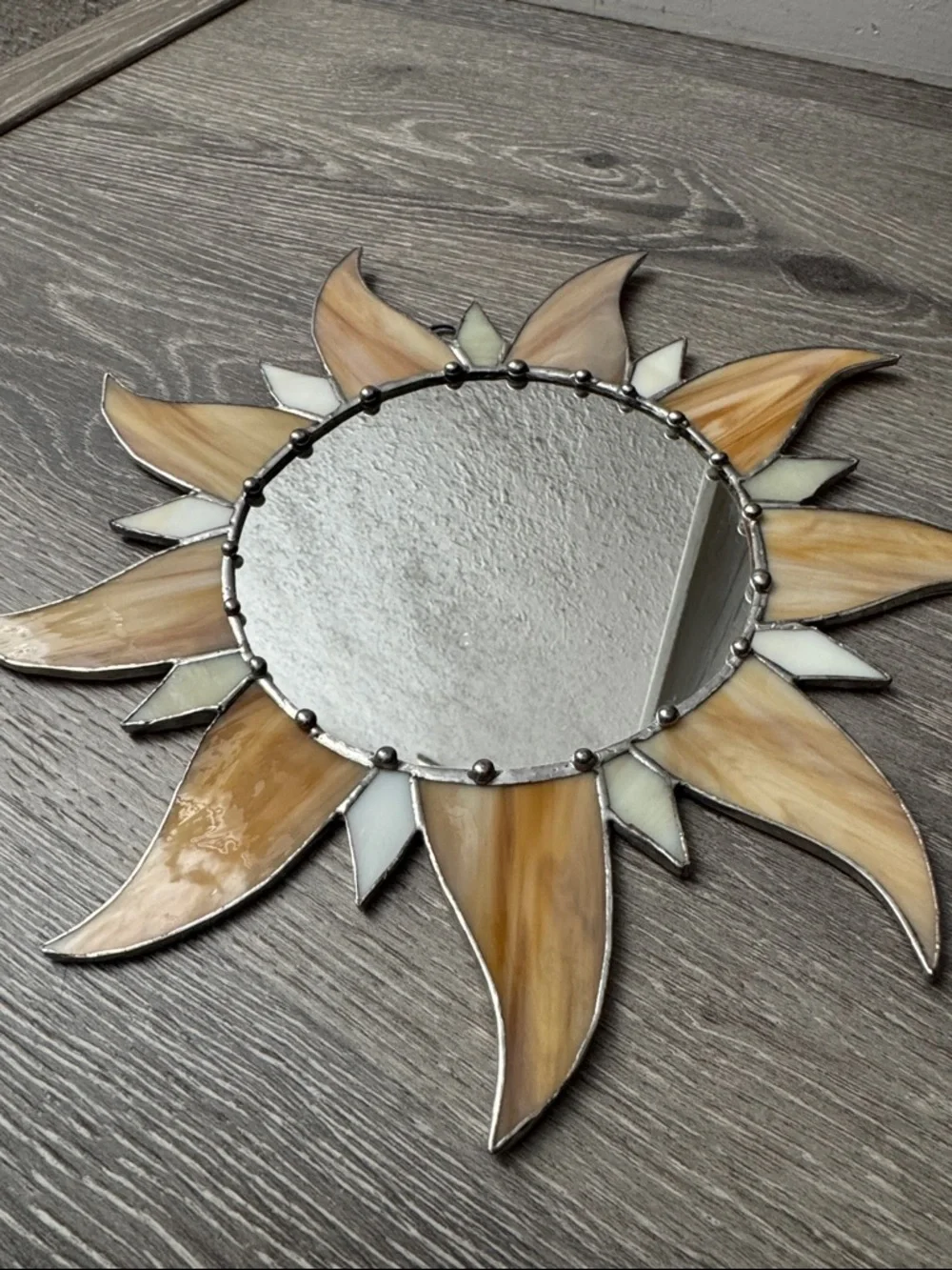 Sunburst Stained Glass Wall Mirror - Cream & Tan 10x10”☀️